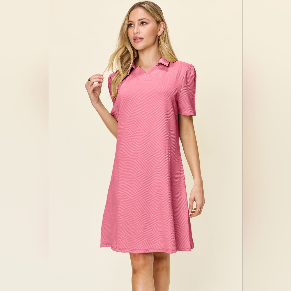 Double Take Full Size Texture Collared Neck Short Sleeve Dress